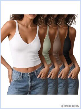 4 Pack V Neck Spaghetti Strap Crop Cami Tank Tops Basic Fitted